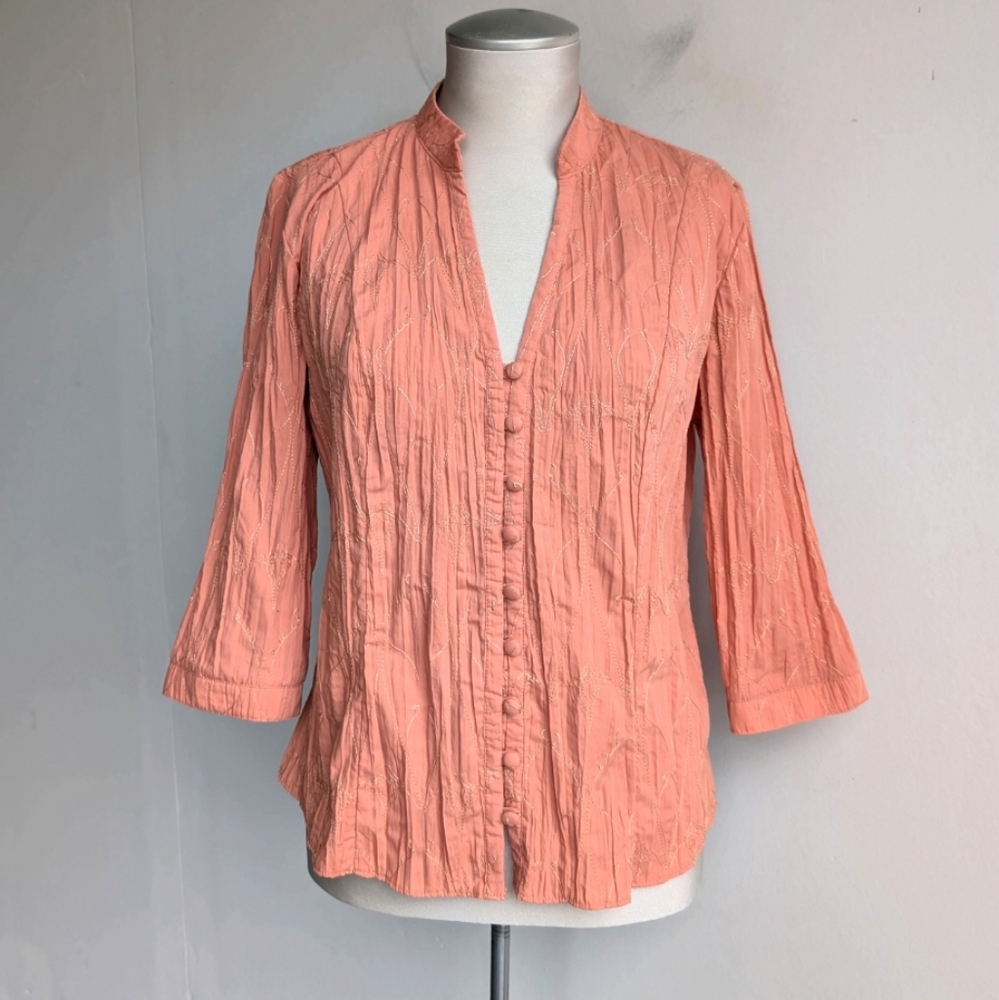 Florence + Fred Embroidered Crinkle Coral Button-Up Blouse